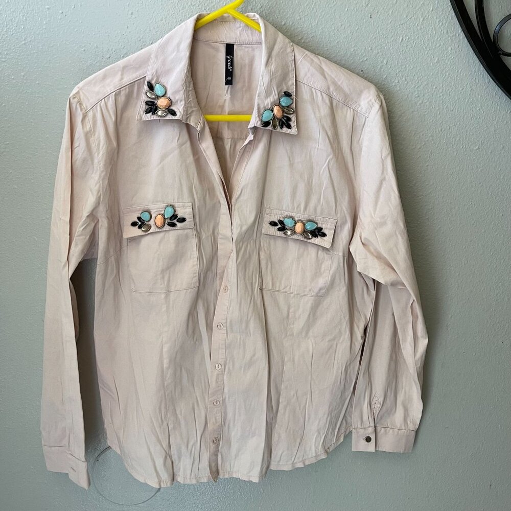 Grandi‎ Vintage-Inspired Embellished light pink Button-Up Shirt  Sz 48  Gemstone